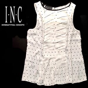 INC pleated dress tank/sheath; ivory+black dots 10